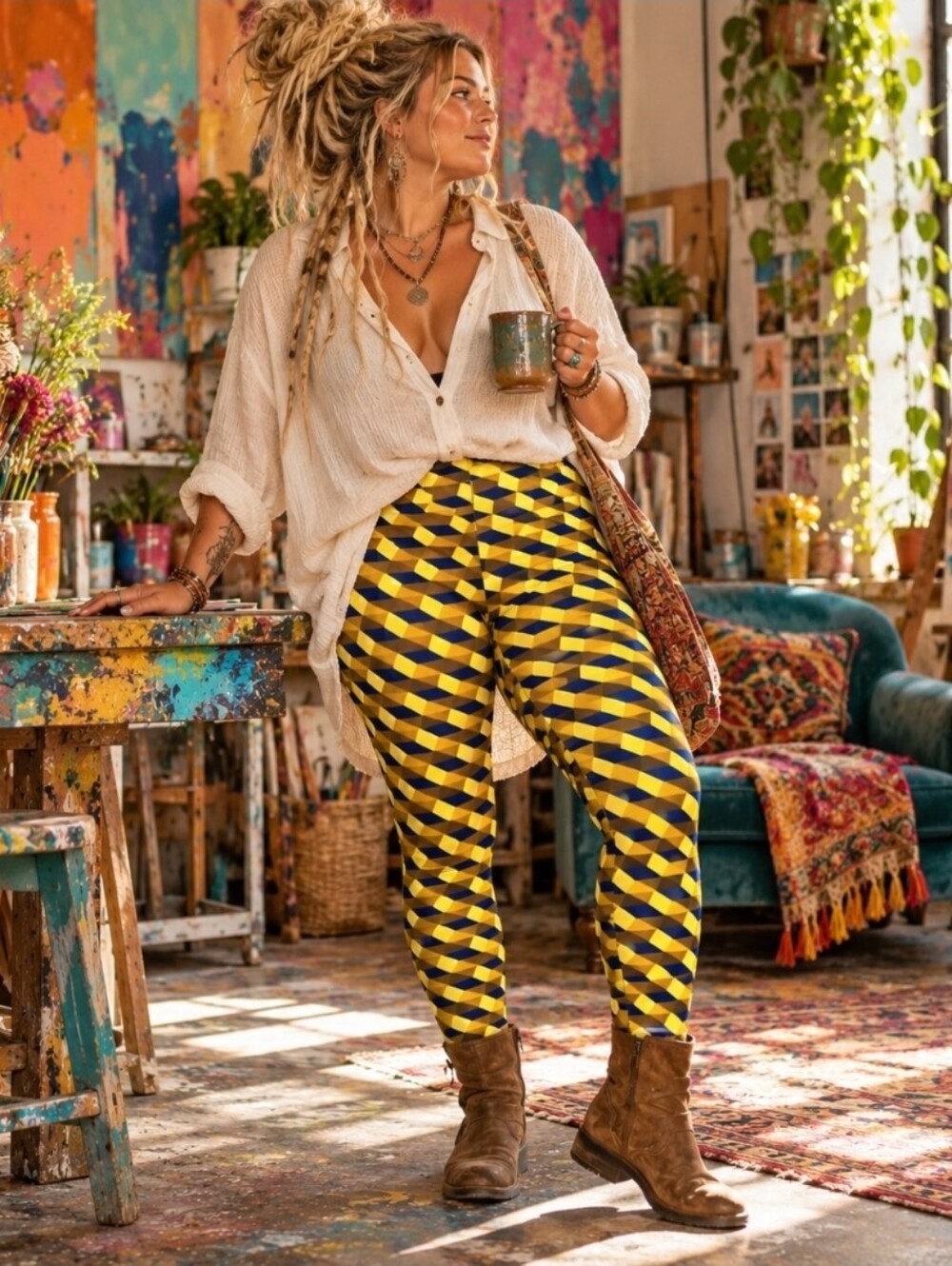 4/$15 Bold Geometric 3D Cube Leggings Tall & Curvy Yellow Navy Brown Maximalist